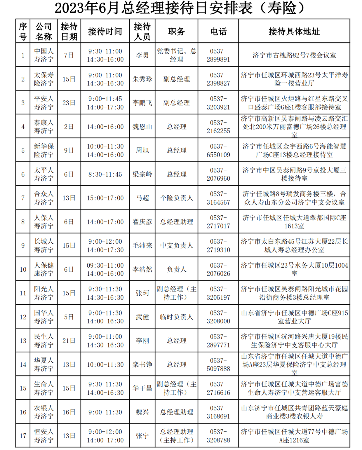 2023年6月总经理接待日安排表_1