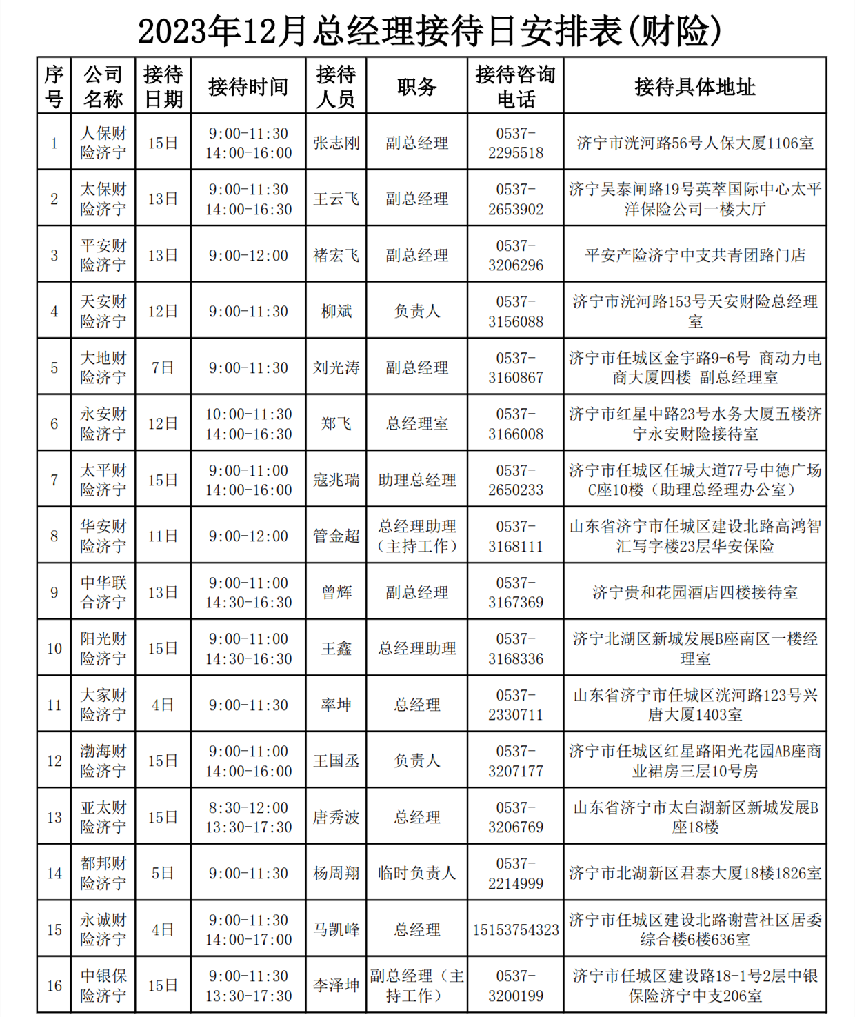 2023年12月总经理接待日安排表_3 2023年12月总经理接待日安排表_3
